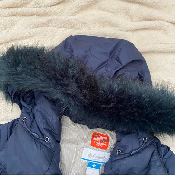 Columbia Thermal Coil insulated winter puffer jacket navy fur-lined hood Sz M - Picture 3 of 8